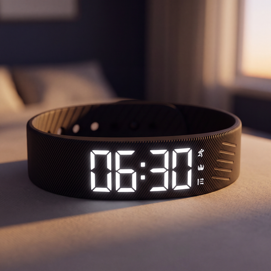 Black Sotto band on a bedside table at dawn, display lit