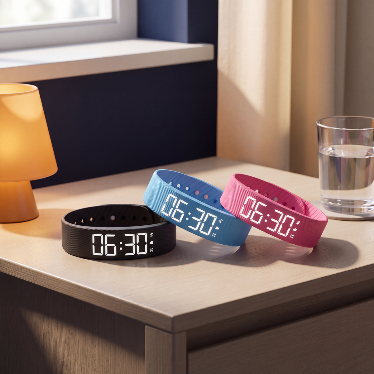 Three Sotto bands in black, blue and rose on a bedside table
