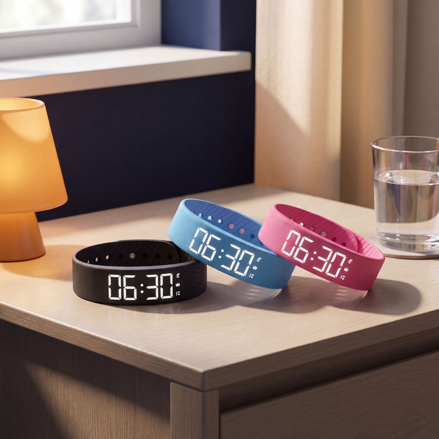 Three Sotto bands in black, blue and rose on a bedside table