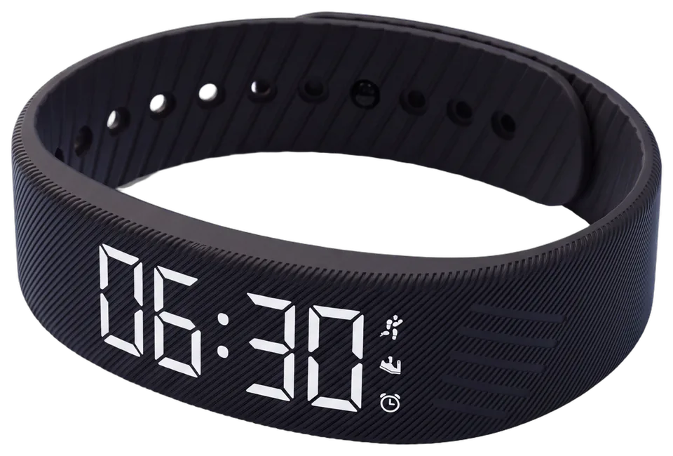 The Sotto band, a black silicone strap with a bright white time display